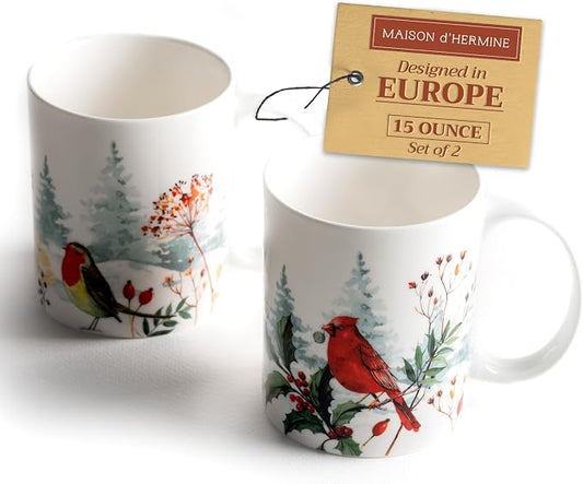 Maison d' Hermine Coffee Mug with Handles Tea Cups (15 Ounce, Pack of 2) | Fine Bone China Coffee Mugs for Hot Beverages Cappuccino Latte Home Restaurant Hotel Spring Summer -Morzine by MaisondHermine