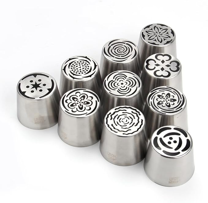 10 Pieces Extra Large Stainless Steel Seamless Russian Piping Tips Set,Flower Icing Nozzles with 1 Cleaning Brush,1 Reusable Pastry Bag for Making Marshmallows,Cupcakes Bouquet,Pastry Baking Tools