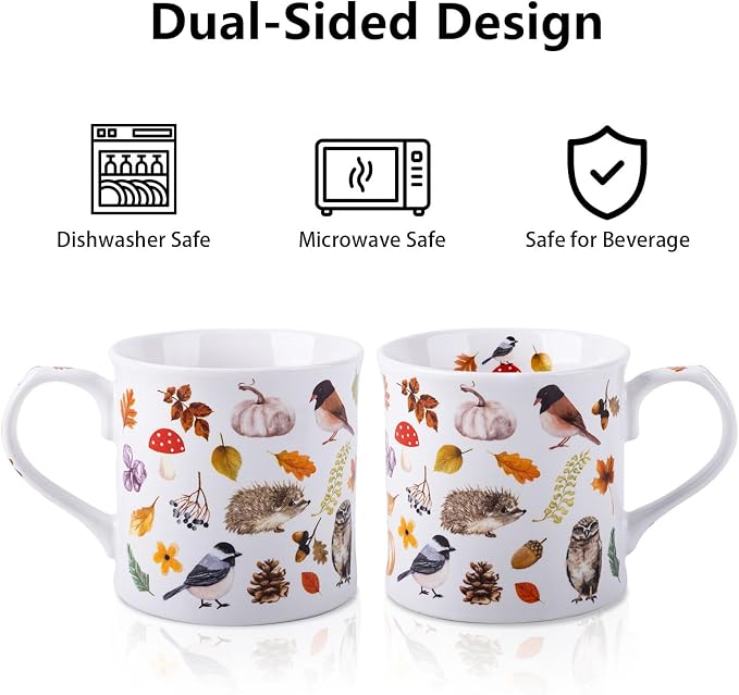 Autumn Animals Coffee Mug, 12 oz New Bone China Mug with Bird, Hedgehog, Owl & Pumpkin Design, Halloween & Fall Seasonal Ceramic Tea Mug, Nature Lover Gift, Designed in England by Harvest Green Studio - Image 5