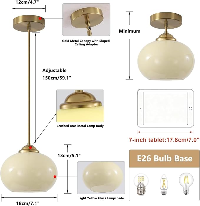 KCO Lighting Gold Kitchen Island Lighting Small Yellow Glass Globe Pendant Light Fixture Brass Hanging Light Fixture for Dining Room Entryway Hallway - Image 2