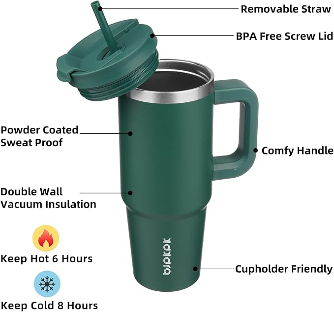 BJPKPK 30 oz Insulated Tumbler with Handle & Straw, Stainless Steel | Double Wall Vacuum Insulation, Leak Proof, BPA Free, Dishwasher Safe, Cupholder Friendly, Travel & Outdoor, Army Green - Image 2