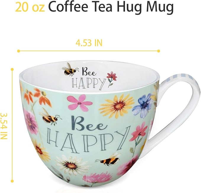 20 oz Bees & Flowers Coffee Hug Mug,“Be Happy” Designed to Spread Joy, Premium Bone China, Best Gifts for Mom Women Mothers Day, Designed in England by Harvest Green Studio - Image 3