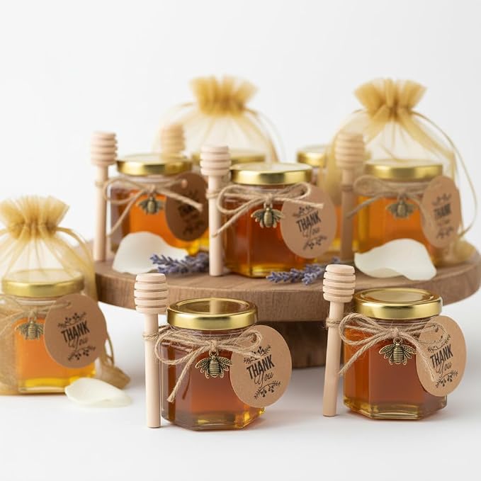Adabocute Honey Pot 2oz, Mini Glass Honey Jars with Wood Dipper, Gold Lid, Bee Pendants, Beige Gift Bags, Thank-you Tags, Ideal for Baby Showers Favors Wedding Favors, 15 Pack - Image 5