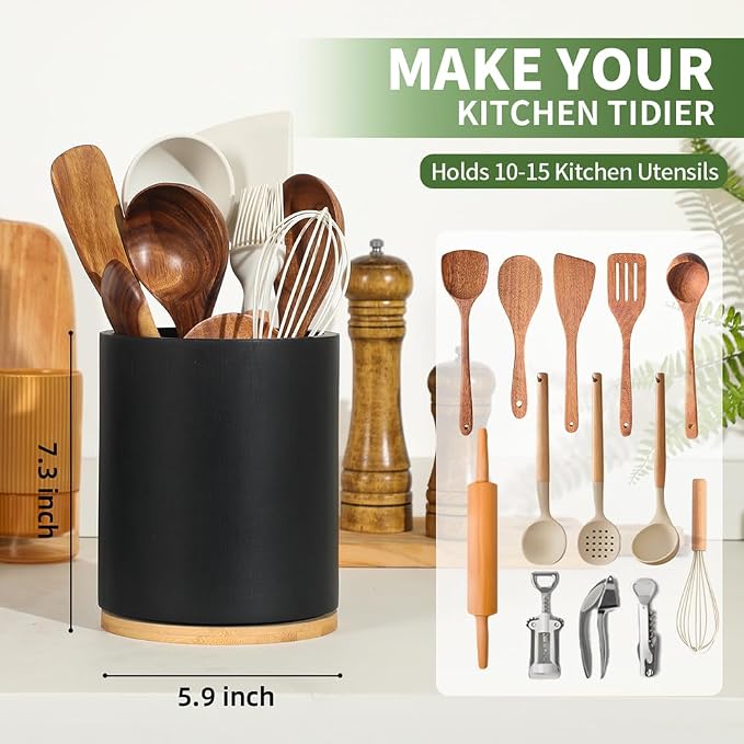 Black Utensil Holder, 360° Rotating 7.3 in Kitchen Organizer | Rustic farmhouse countertop decor. 360° rotating base holds spatulas, ladles, tongs, and cooking tools. Sleek black finish - Image 2