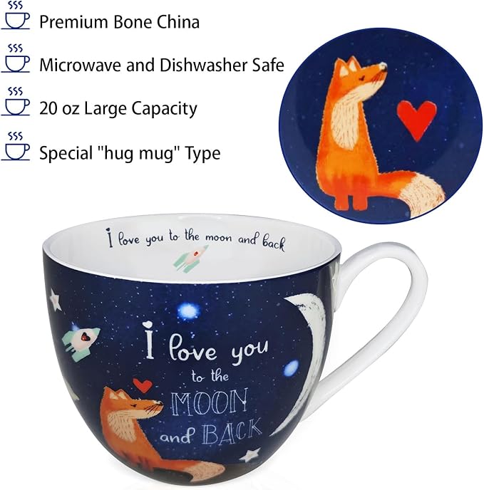 I Love You to the Moon and Back Mug, Premium 20 oz Bone China Coffee Mug, Romantic Gift for Her or Him, Valentine's Day, Anniversary, Birthday, Designed in England by Harvest Green Studio - Image 4