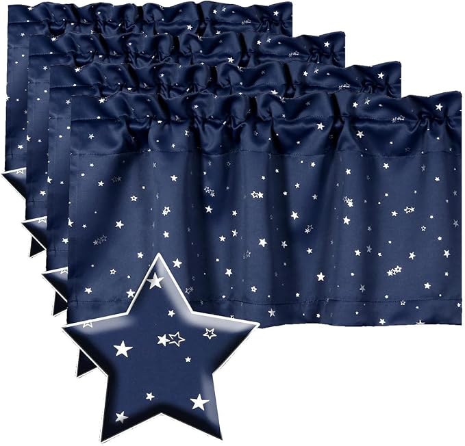H.VERSAILTEX Blackout Curtain Valances for Kitchen Window/Living Room/Bathroom Privacy Added Rod Pocket Home Decoration Winow Valance, 52" W x 18" L, Glitter Stars in Navy Base (Pack of 4) by HVERSAILTEX
