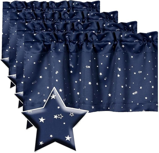 H.VERSAILTEX Blackout Curtain Valances for Kitchen Window/Living Room/Bathroom Privacy Added Rod Pocket Home Decoration Winow Valance, 52" W x 18" L, Glitter Stars in Navy Base (Pack of 4) by HVERSAILTEX