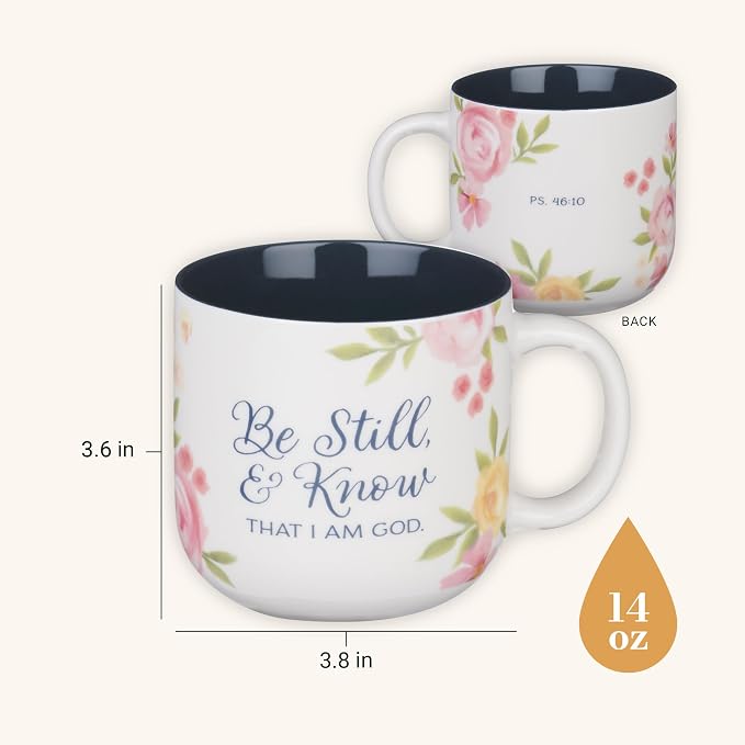 Christian Art Gifts Inspiring Ceramic Coffee Mug for Women: Psalm 46:10 Bible Verse, Dishwasher & Microwave Safe Novelty Cup, Encouraging Gift for Women, White & Navy Blue Multicolor Floral, 14 oz. - Image 2