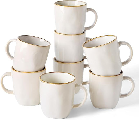 famiware Coffee Mugs Set of 8, Ocean Square 13oz Coffee Cup Set with Handle for Cocoa, Milk, Hot Chocolate, Tea, Water, Stoneware Cups for Kitchen, Microwave and Dishwasher Safe, Cappuccino White by Famiware