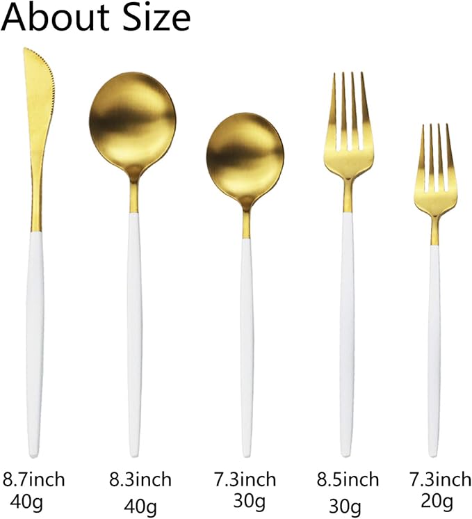 JASHII Flatware Silverware Set Stainless Steel Satin Finish Cutlery Set Service for 6, 30-Piece Spoons And Forks Kitchen Utensil Set, Dishwasher Safe (Matte White handle gold) - Image 3
