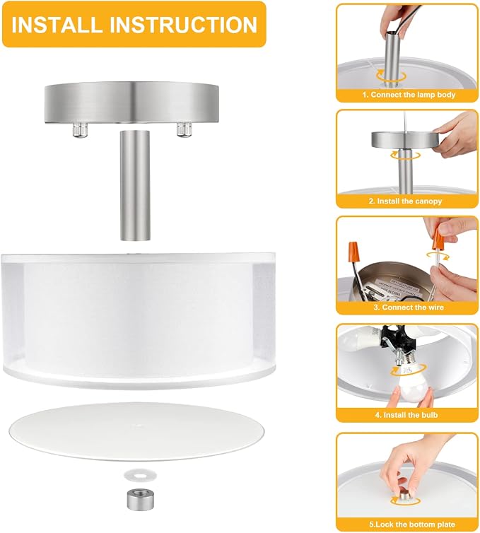 FOLKSMATE 3-Light Semi Flush Mount Ceiling Light Fixture, 14 Inch Drum Light with Double Fabric Shade, Modern Close to Ceiling Lamps for Dining Room Kitchen - Image 7