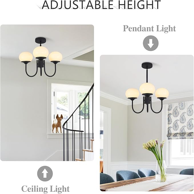 Mid Century Modern Pendant Light 3-Light Milk Glass Chandelier Frosted Globe Chandelier Black Sputnik Ceiling Light Fixture for Living Room Bedroom - Image 7