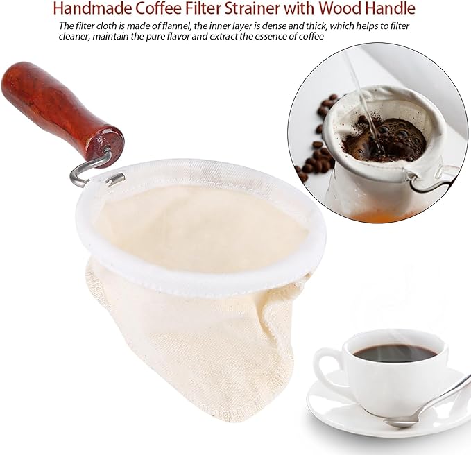 Cloth Coffee Filter, Flannel Cloth Coffee Strainer, Reusable Portable Coffee Sock Filter Bag 3.94in Inner Diameter with Wooden Handle for Hand Drip Home Office Kitchen (Large)