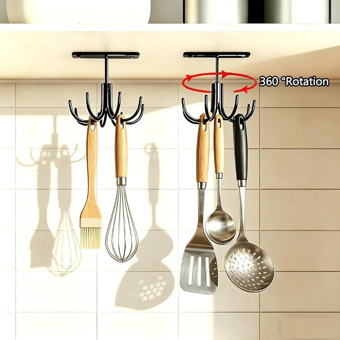 Metal Under Cabinet Kitchen Utensil Hooks,360° Rotating Kitchen Utensil Rack with 8 Hooks,Drilling Free Adhesive Utensils Hanging Rack for Tools/Towel/Knife (Black) - Image 3