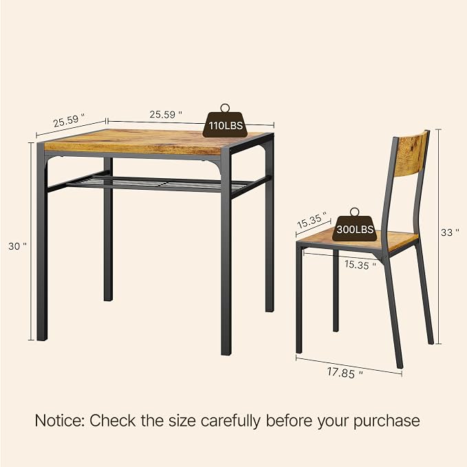 Gizoon 3-Piece Dining Table Set for 2, Small Kitchen Table & Chairs Rustic | Compact rustic 2-person dining set perfect for apartments. Features under-table storage rack and 2 chairs that tuck away. - Image 3
