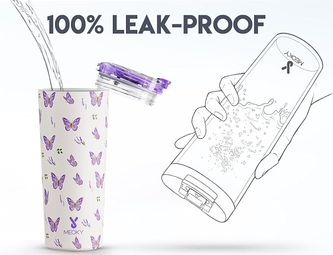 Meoky 24 oz Insulated Travel Coffee Mug: Leak Proof Lid, Butterfly | Stainless Steel Coffee Tumbler, Keeps Hot for 8 Hours or Cold for 24 Hours, Fits in Car Cup Holder, BPA Free - Image 5