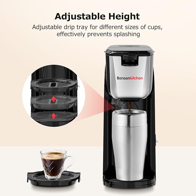 Bonsenkitchen Single Serve Coffee Maker, 6-14 oz Brew Sizes, Brewing | Travel Mugs Friendly, Compact Portable Coffee Machine for Small Spaces, Ideal for Kitchen - Image 8
