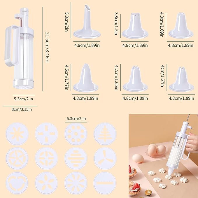 Cake Decorating Syringe Set, Cookie Press Maker Discuits Mold Icing Frosting Piping Cupcake Filling Injector with 6 Funnel Icing Nozzles, 12 Cookie Decorating Kit for Cake Cookies Decoration
