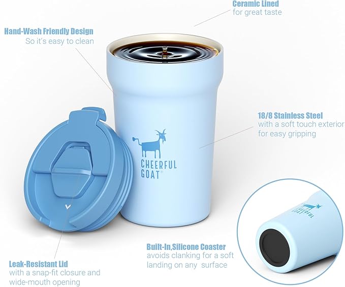 CHEERFUL GOAT Ceramic Lined Coffee Mug – Stainless Steel Travel insulated Tumbler with Ceramic Liner, with lid, 12oz Leak proof Cup for Hot and Cold Water Coffee at Home, Office, or On the Go (Blue) - Image 3
