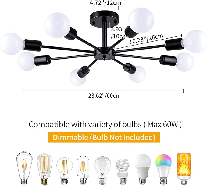 23.62'' Semi Flush Mount Ceiling Light, 8-Lights Modern Chandelier Black Living Room Light, Sputnik Light Fixtures Chandelier for Bedroom Kitchen Study Office - Image 4