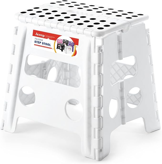 ACSTEP 13 Inch Folding Step Stool, Holds 300 lb, for Adults and Kids, White | Heavy Duty Portable Collapsible Foot Stool, Non-Slip Surface for Kitchen Bathroom Bedroom Outdoor, Lightweight with Handle by ACSTEP
