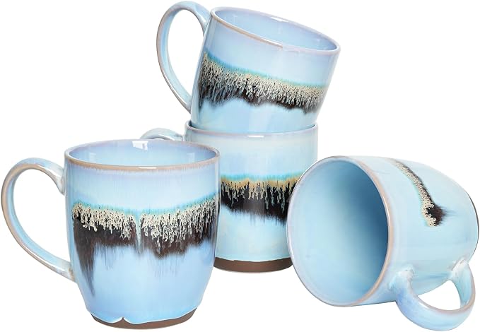 Bosmarlin Ceramic Coffee Mug Set of 4, 17 Oz, Stoneware Coffee Cups with Big Handle, Microwave Safe, Unique Reactive Glaze (17 Oz, Light Blue) by Bosmarlin
