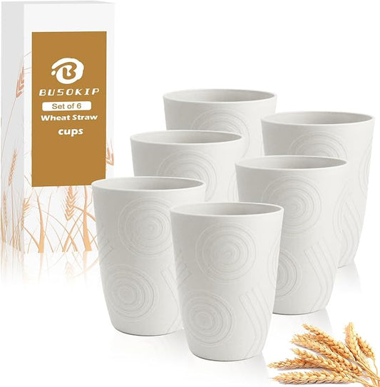 12oz Kids Cups, Wheat Straw Cups Set of 6, Unbreakable Plastic Tumblers, Plastic Drinking Glasses, Dishwasher Safe Plastic Cups for Kitchen, Camping, Party, Dorm, Drinking Cups - White by BUSOKIP