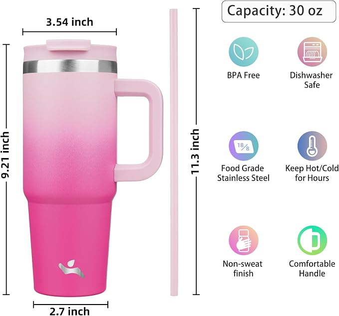 Konokyo 30 oz Insulated Tumbler Water Bottle with Handle, Straw Lid | BPA-free and dishwasher safe; made for gym, travel, coffee and gifting, 2 straws, cup holder friendly,Cherry Blossoms - Image 4