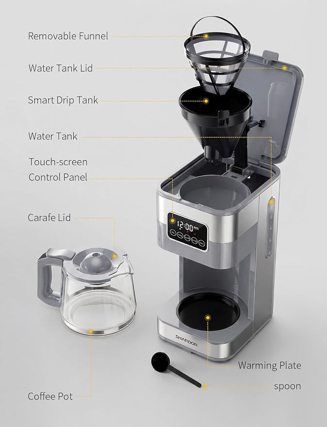SHARDOR 10-Cup Programmable Coffee Maker, Regular & Strong Brew Drip Coffee Machine for Home and Office, Auto Shut Off, Permanent Filter (gray) - Image 7