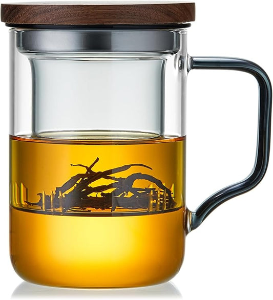 Glass Tea Cup with Infuser and Lid, 14.5oz/430ml Large Borosilicate Teacup, Clear Mug for Loose Leaf Tea,Birthday Gift for Women and Man