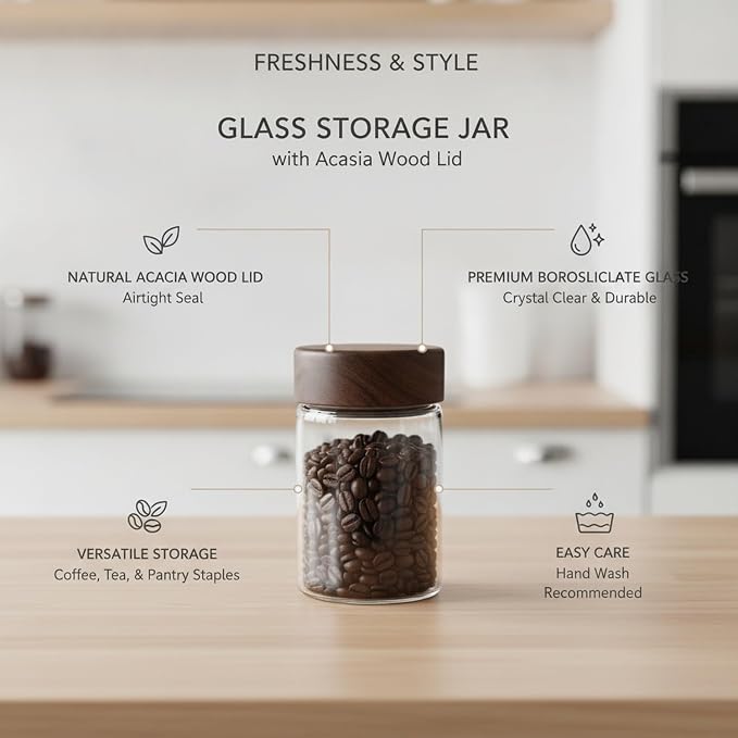 Glass Storage Jar with Acacia Wood Lid, Borosilicate Food Canister for Coffee Beans Tea Sugar Dry Pantry Staples (1 PC) - Image 5