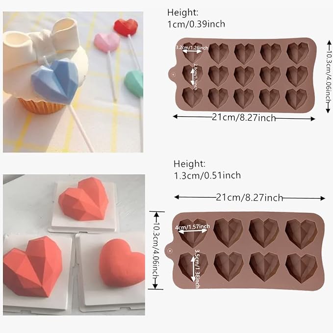 2 Sizes Heart Molds for Chocolate, Diamond Heart Shaped Silicone Mold Fondant Molds for Baking Candy,Cake, Jelly, Chocolate（Medium Small Set) - Image 3