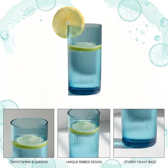 Physkoa Blue Ribbed Drinking Glasses Set of 6 – Vintage Embossed Highball Glassware, Thick Durable Tumbler Cups for Water, Juice, Cocktails, Iced Coffee, Kitchen Bar Gift Set - Image 3