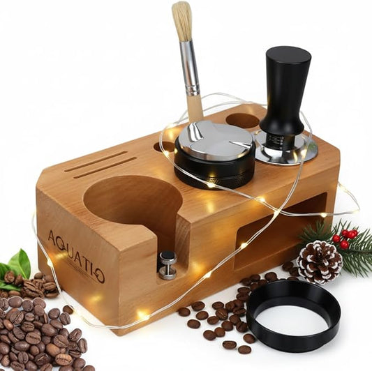Espresso Tamping Station With Tools - 51, 53, 54 mm - Includes Tamper, Distributor, Dosing Funnel & Brush - Wooden Coffee Tamper Station - Espresso Organizer Portafilter Holder, Gift for Mom Dad Wife