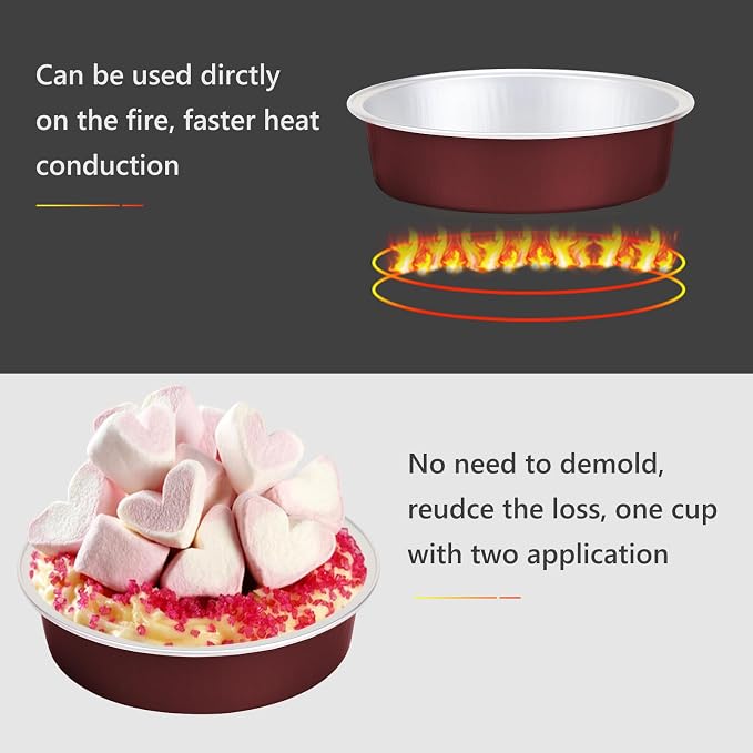 Beasea Disposable Mini Pie Tins with Lids, 50 Pack 4” 7.3oz 215ml Small Round Aluminum Baking Tart Foil Container for Individual Dessert Cupcake Cheesecake Ramekin Quiche Oven Dishes - Wine Red - Image 3