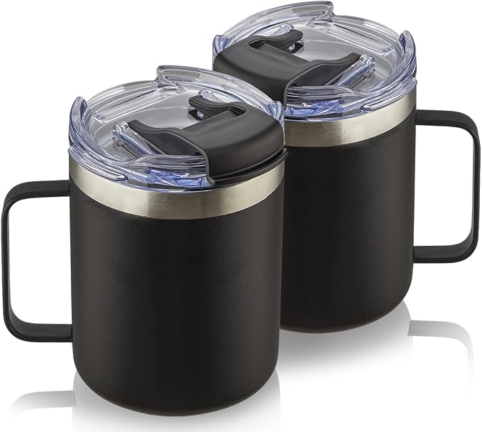 12oz Insulated Travel Coffee Mug with Handle, Black, 2 Pack | Stainless Steel Coffee Tumbler with Lid, Double Wall Vacuum Thermal Cup for camping by ALOUFEA