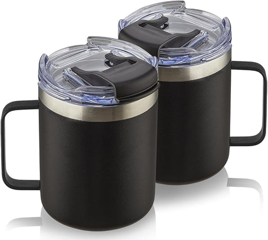 12oz Insulated Travel Coffee Mug with Handle, Black, 2 Pack | Stainless Steel Coffee Tumbler with Lid, Double Wall Vacuum Thermal Cup for camping by ALOUFEA