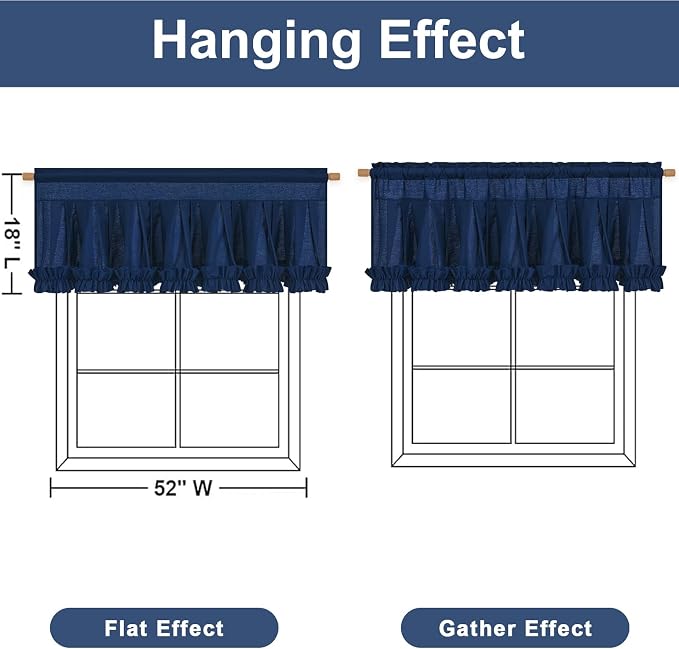 Likiyol Linen Valances for Windows Farmhouse Window Valances with Ruffle Rustic Country Light Filtering Kitchen Valance Curtains Rod Pocket Valance for Bathroom Cafe, Navy Blue, 52" W X 18" L - Image 2