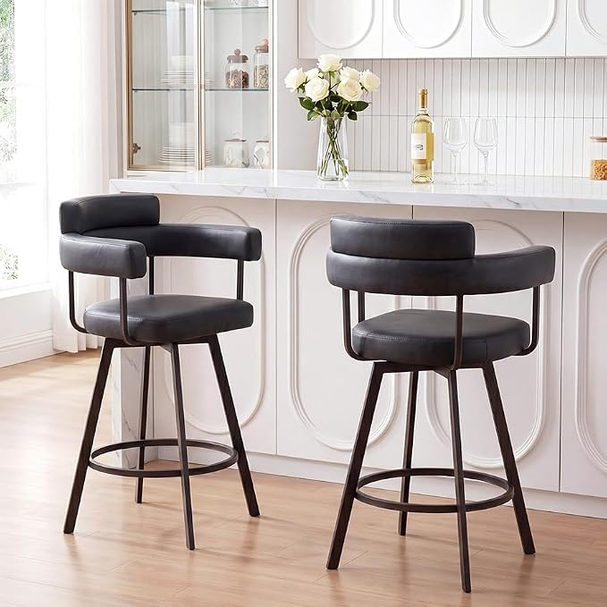 Flouki Swivel Bar Stools with Backs and Arms, Modern Faux Leather Counter Stools Set of 2 for Kitchen Island, 26" Upholstered Counter Height Bar Stools for Kitchen Counter, Dining Room, Black by Flouki