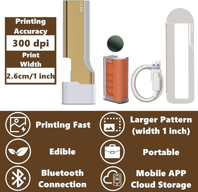 LLRH Latte Art Food Printpen DIY Image for Coffee Beer Cocktails Macaron Cookie, Bluetooth, for Home, Small Shops (Black)
