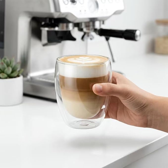 Glass Coffee Mugs Set of 2, Double Walled Clear Coffee Cups 12oz, Clear Latte Espresso Mugs for Milk Juice, Clear Glass Cappuccino Cup Glassware Gift for Christmas Birthday - Image 2