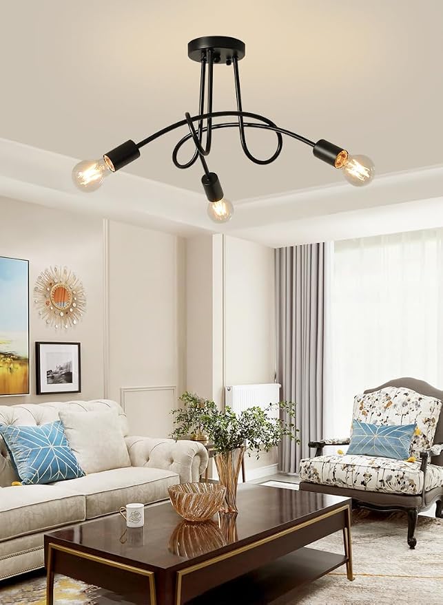 Modern Farmhouse Chandelier,22 Inch 3 Light Sputnik Semi Flush Mount Ceiling Light, Metal Black Rustic Light Fixture for Dining Room Bedroom Kitchen Hallway Entryway - Image 2