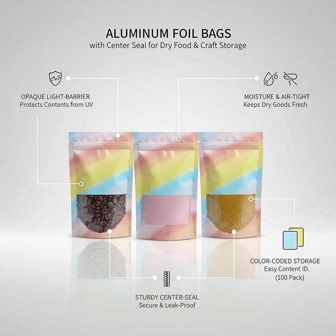 Pantry & Craft Organization: Multicolor Aluminum Foil Center Seal Bags for Dry Item Storage, Opaque Pouches (100 Count) - Image 4