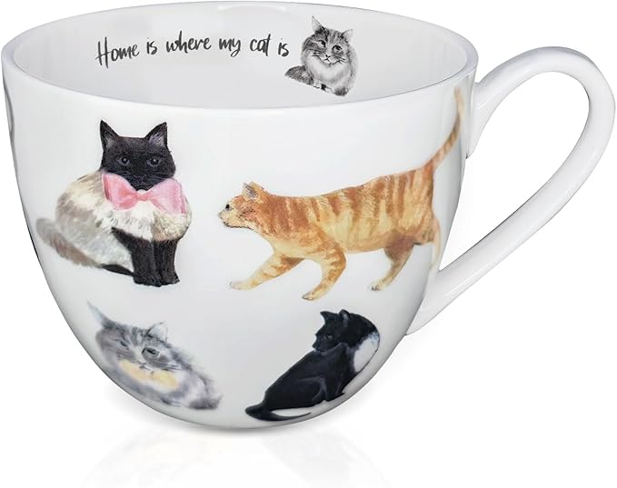 Cute Cat Mugs for Daily Coffee and Tea, Premium 20 oz Bone China Coffee Tea Hug Mug, Perfect Holiday, Birthday, and Christmas Gift for Cat Lovers, Designed in England by Harvest Green Studio by MFoffice