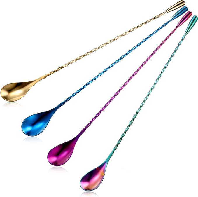 Boao 4 Pcs 12 Inch Cocktail Spoon Coffee Spoons Bar Stirring Spoon Long Handle Stainless Steel Cocktail and Coffee Mixing Tool for Homemade Barista/bartender (Multicolor,Blue,Purple,Champagne)