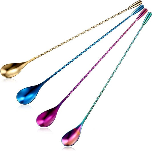 Boao 4 Pcs 12 Inch Cocktail Spoon Coffee Spoons Bar Stirring Spoon Long Handle Stainless Steel Cocktail and Coffee Mixing Tool for Homemade Barista/bartender (Multicolor,Blue,Purple,Champagne)