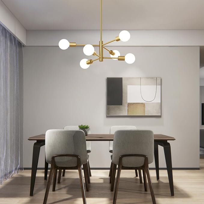 Sputnik Chandeliers Moderna Light Fixture, 6 Lights Gold Mid Century Ceiling Chandelier, Height Adjustable for Living Room, Kitchen, Dining Room, Bedroom,Foyer - Image 7