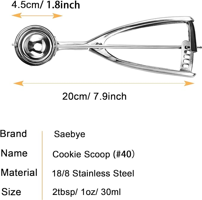 Medium Cookie Scoop, 2 Tbsp / 30ml / 1 oz, Size #40 Cookie Dough Scoop, Cookie Scoops for Baking, 1 25/32 inches / 4.5 CM Ball, 18/8 Stainless Steel, Secondary Polishing