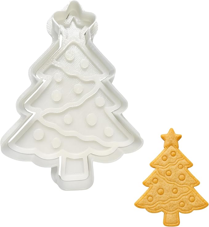 Christmas Tree Cookie Cutter and Stamp Set - 3.5" Holiday Baking Tool for Cookies, Fondant, Clay - Detailed Design with Easy Grip Handle - Durable Plastic Cookie Cutter for Christmas Baking
