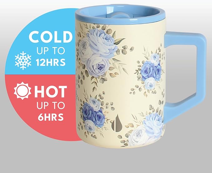 Elemental Insulated Coffee Mug - Triple-Wall Stainless Steel Summit Travel Cup for Hot and Cold Drinks - Thermal Coffee Mug with Lid and Handle for Camping, Office & Travel 16oz - Blue Blooms - Image 3